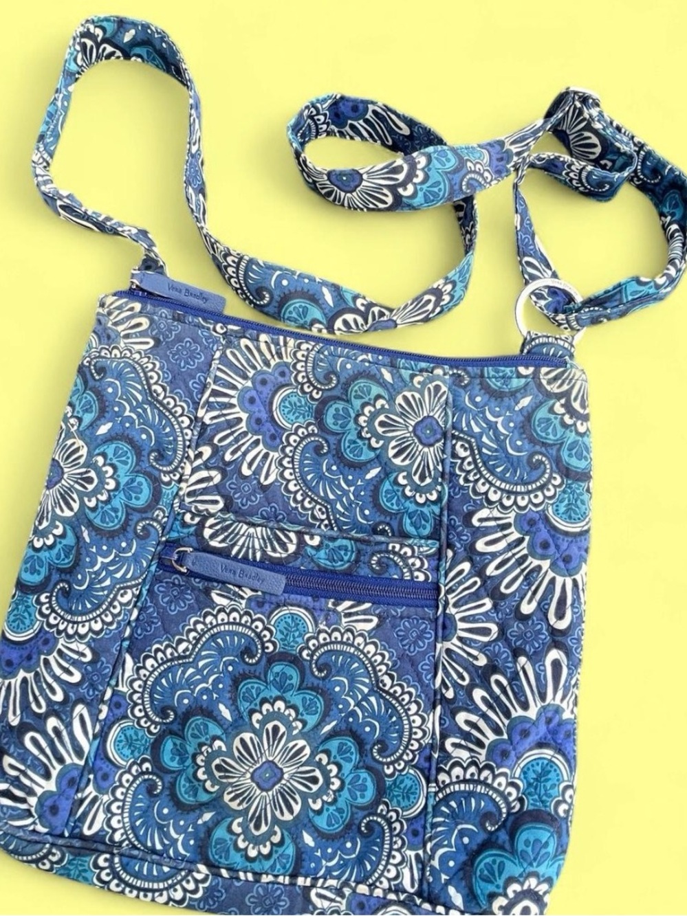 Vera Bradley retired Blue Tapestry Teal & Navy Floral Quilted Crossbody Bag